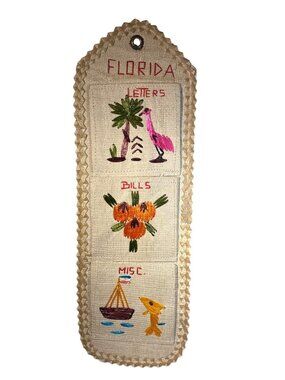 Handwoven Straw Wall Organizer Florida Embroidered Letters Bills Misc Tropical
